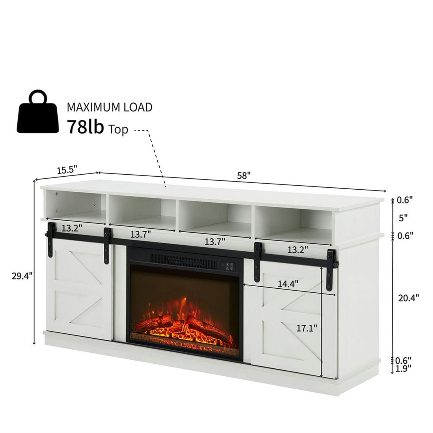 Demi Bonn Modern Farmhouse TV Media Stand for TV Up to 65'', Large Barn Inspired Home Entertainment Console with 23" Fireplace Insert, Open Shelves and Closed Cabinets, White