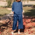 thumbnail image 3 of Gibobby Conjunto de sudadera informal para mujer Mujer Casual Color sólido Algodón Lino Cuello redondo Manga larga Botón Top Pantalones Conjunto(Azul,XL), 3 of 4