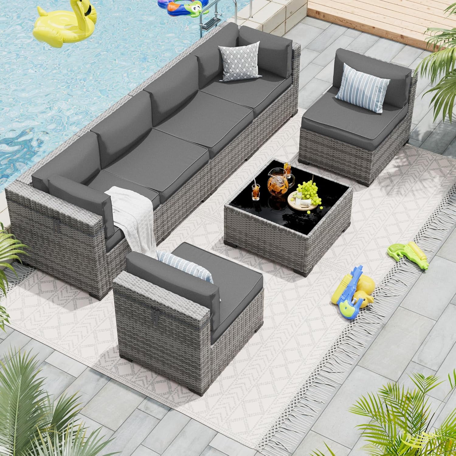 ELPOSUN Patio Furniture Set, 7-Piece Patio Furniture Set with Coffee Table & Waterproof Covers, All-Weather Wicker Outdoor Sectional for Backyard Balcony, Gray
