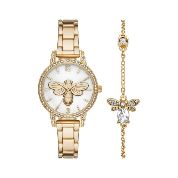 Time and Tru Women's Analog Watch Set; Round Gold Tone Case, White Dial with Gold Tone Bee Accent, Gold Tone Bee Bracelet Set, 2 pieces (FMDXTT041)