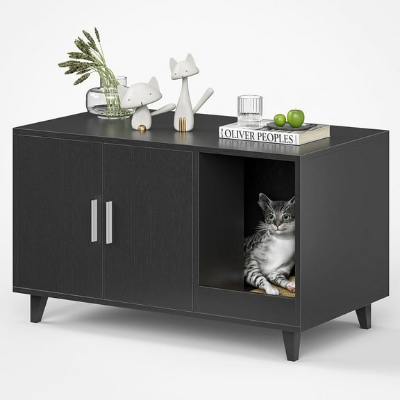 Farini Hidden Cat Litter Box Enclosure Furniture with Scratching Mat, Black
