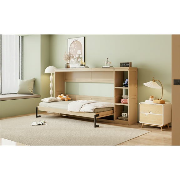MAYEERTY Twin Size Murphy Bed - With Bookshelf, Natural