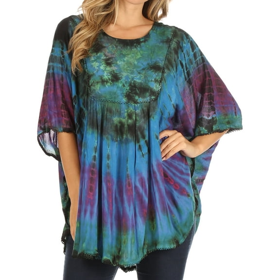 Sakkas Sunia Tie Dye Caftan Sleeve Blouse | Cover Up - Royal Blue - One Size
