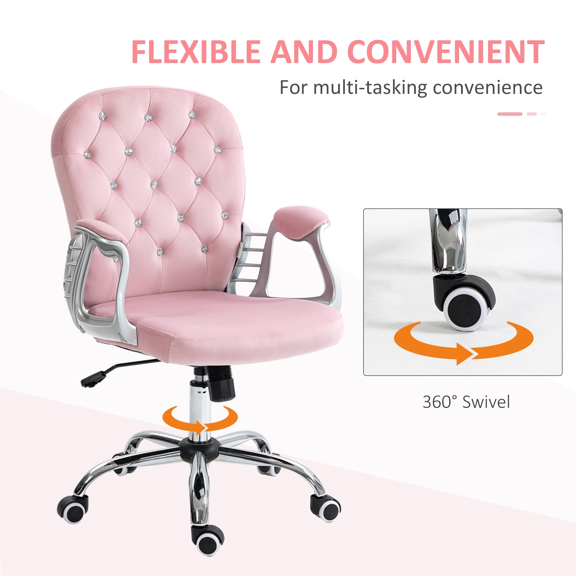 Vinsetto Velvet Office Chair, Button Tufted Desk Chair with Armrests, Pink