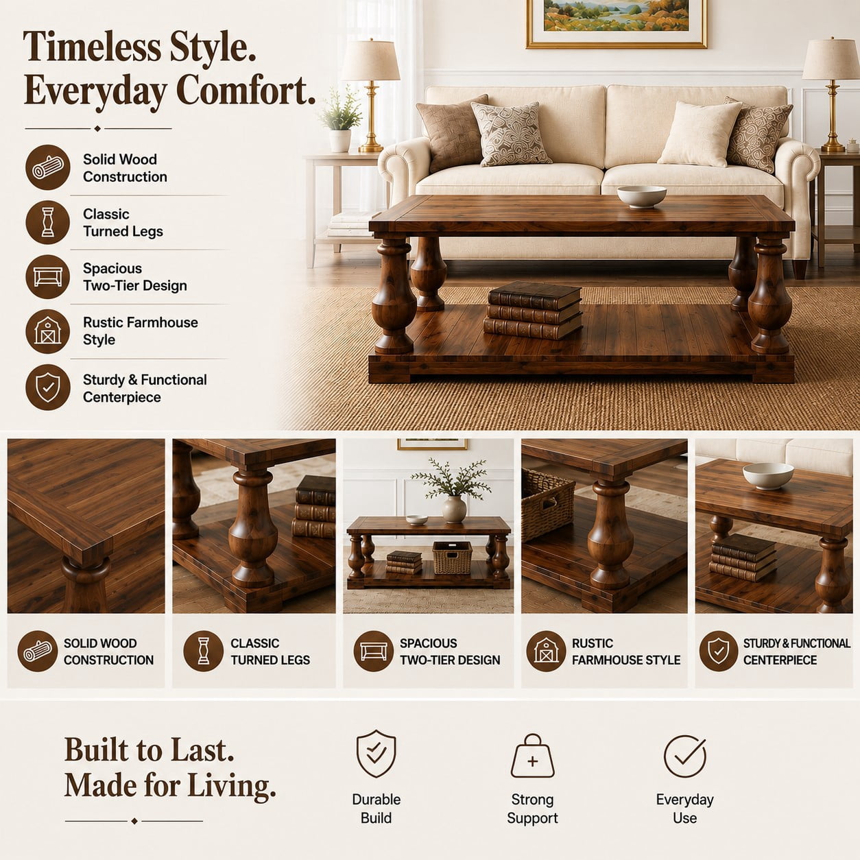 GARITIN Farmhouse Coffee Table with Storage Shelf, Solid Wood Turned Legs, 2-Tier Rustic Wood Center Table for Living Room, Walnut