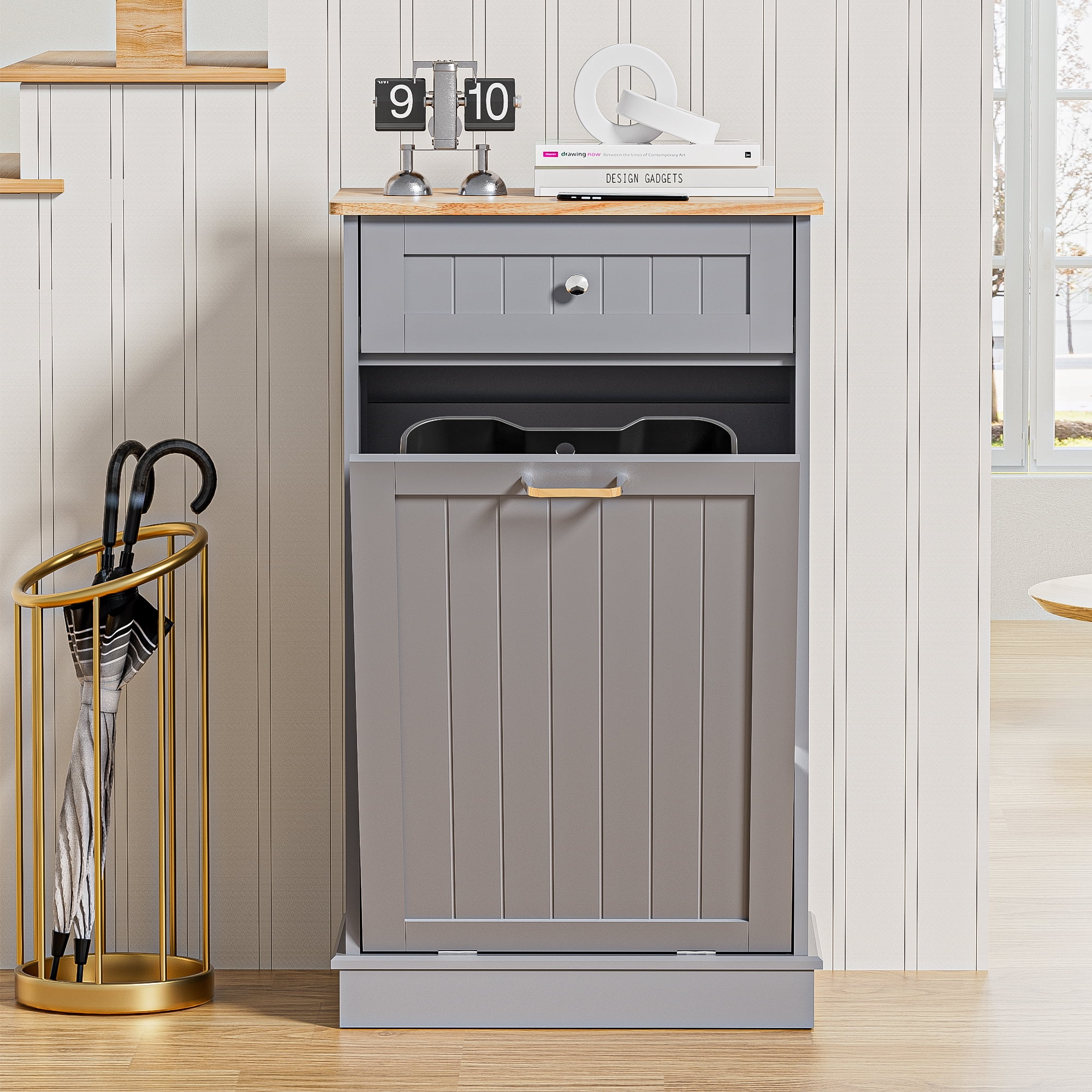 AHB 13 Gallon Single Tilt Out Trash Cabinet with Drawer, Freestanding Kitchen Trash Can Storage Organizer, 20.9"L x 13.55"W x 38.5"H, Gray