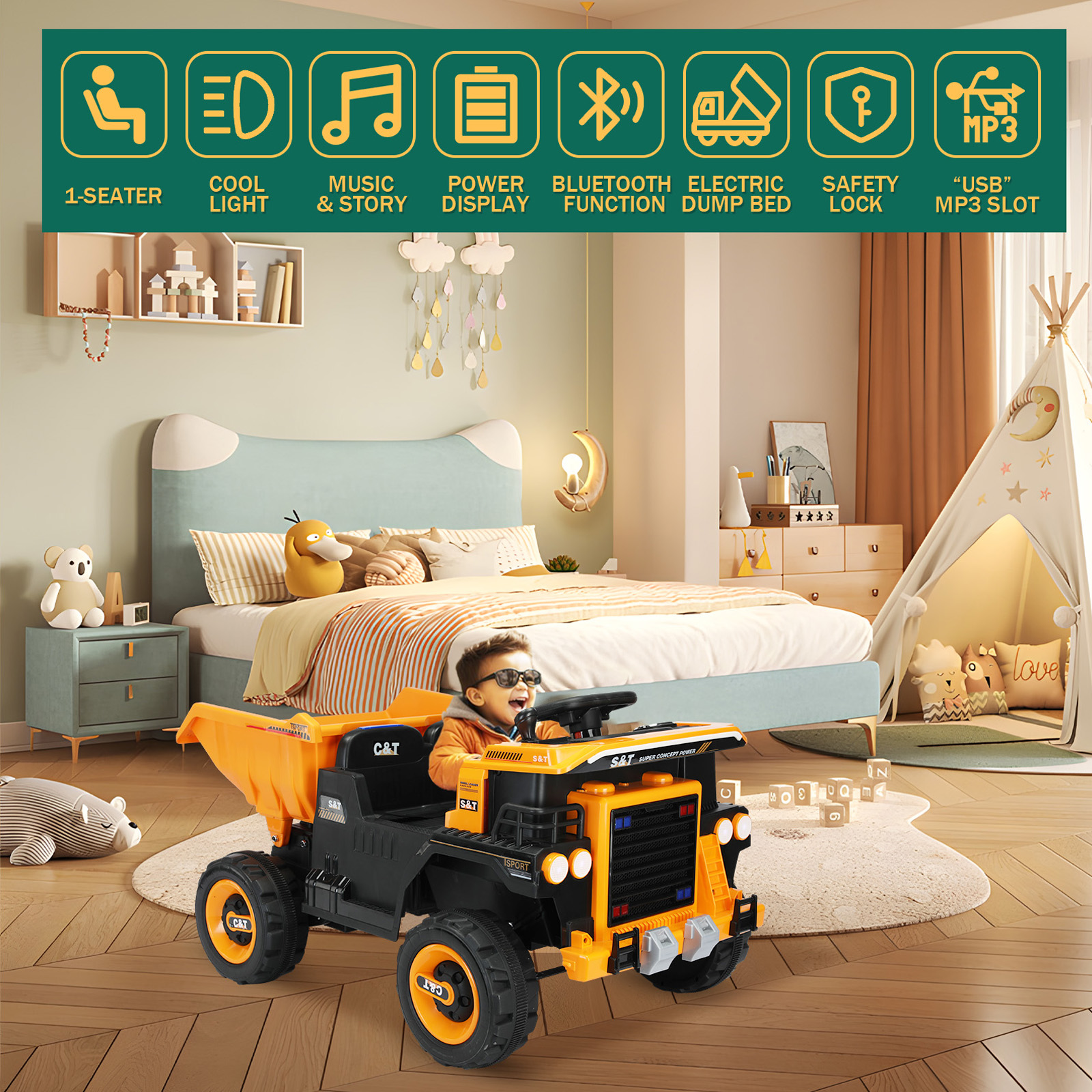 YUFU 12V Battery Kids Ride On Dump Truck RC Construction Tractor w/ Electric Bucket,Yellow