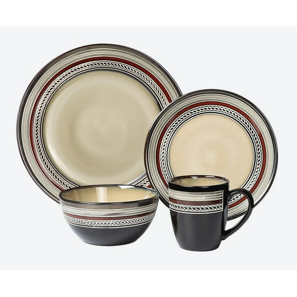 Lorren Home Trends 16 Piece Glazed Dinnerware Neutral and Red (Service