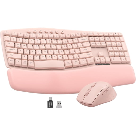 Pink Quiet Wireless Keyboard and Mouse Combo, 2.4G Ergonomic Wave Keyboard with Cushioned Palm Rest, Full-Size Soft Typing Keyboards