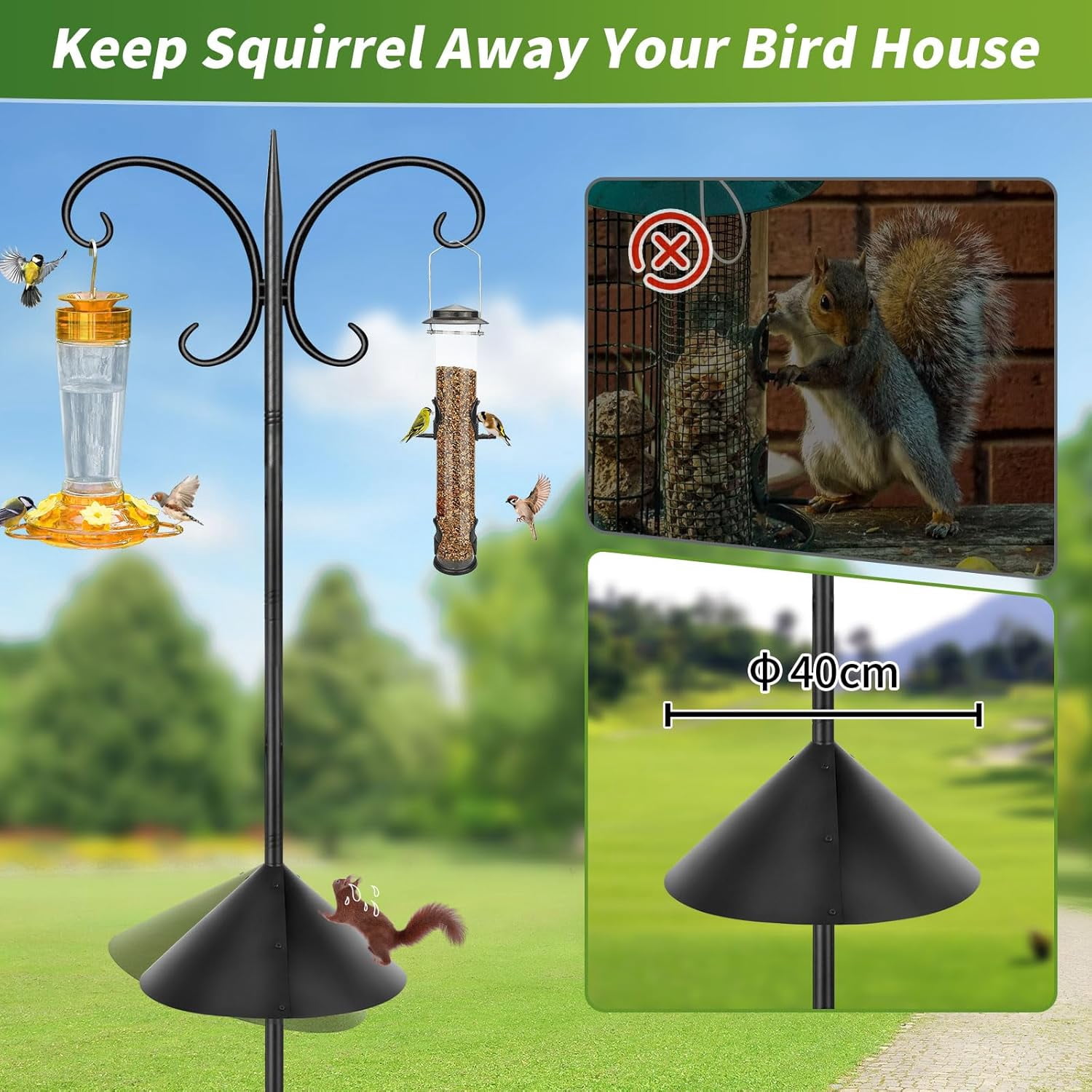 KOLAKO Bird Feeding Station, 223cm Heavy Duty Bird Feeder Pole with Squirrel Baffle,  Metal Shepherds Crook Hooks for Hanging Garden Lights Lanterns Plant Basket
