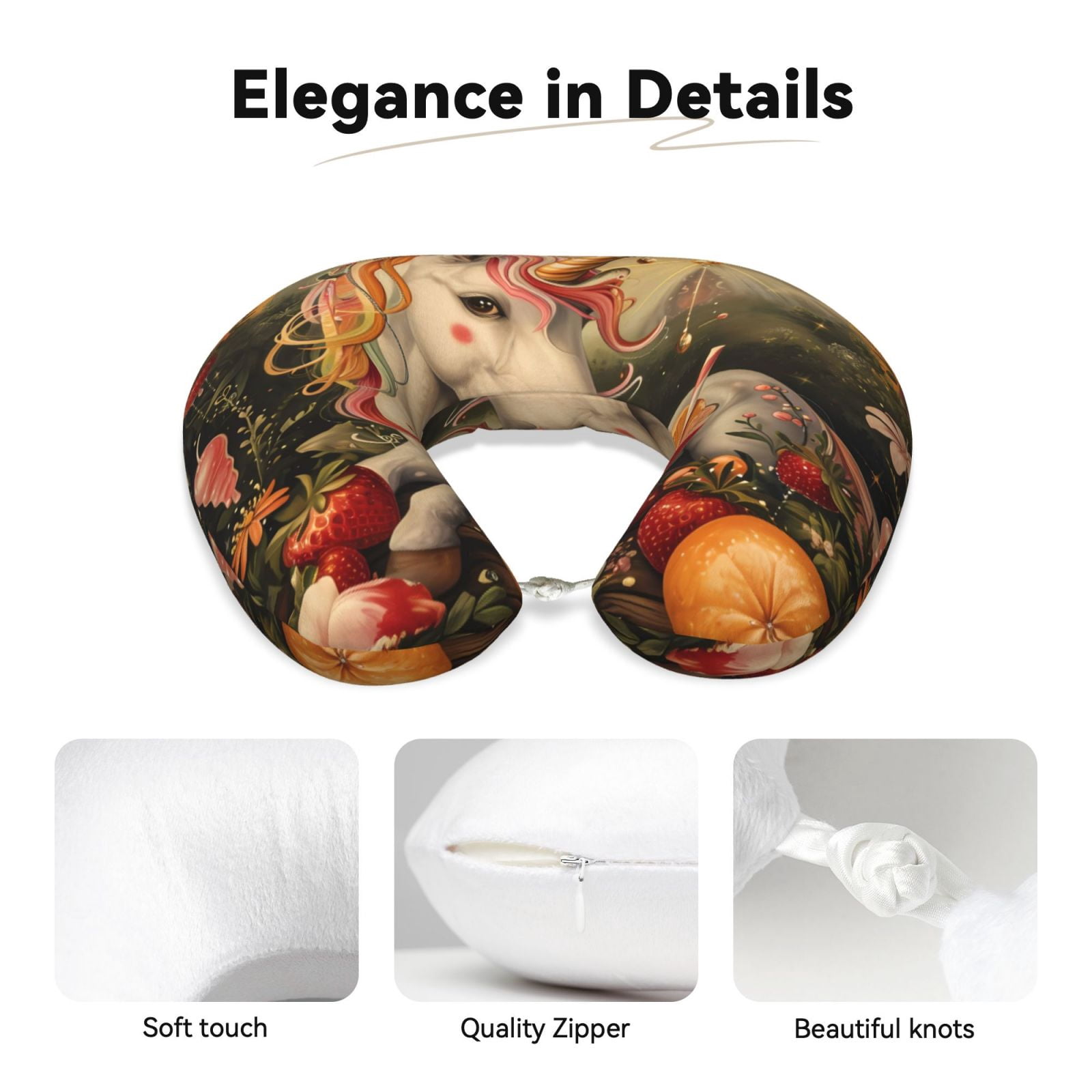 Xecao Countryside Fruit White Horse Print Memory Foam Cervical Neck Pillow Versatile U-Shaped Pillows for Home,Office,Camping,Travelling,Soft Washable Cover