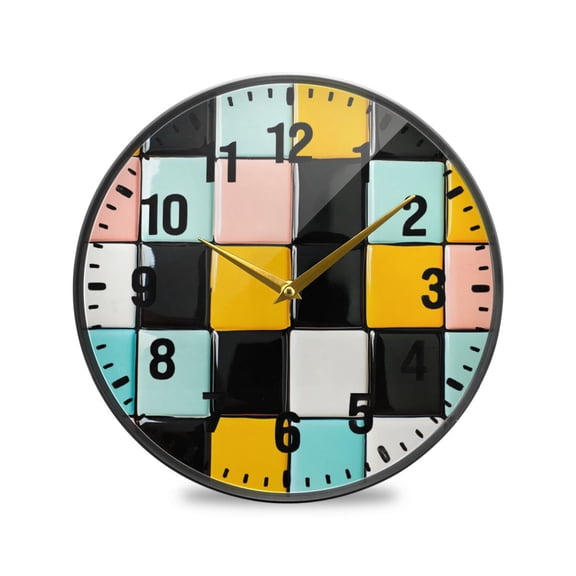 Yayeee Wall Clock Battery Operated 9.5" Silent Quartz Non-Ticking for Living Room Decor, Yellow Checkered Pattern
