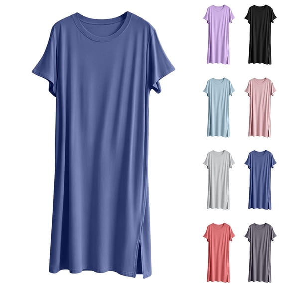 OVAFBAU Womens Nightgown Sleepshirt Pajama Dress Casual Cotton Crew Neck Short Sleeve Slit Loose Loungewear Dress Sleepwear