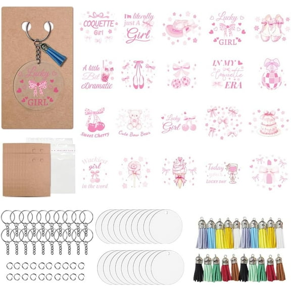 160 Pcs DIY Acrylic Keychain Making Accessories Cherry Elements Acrylic Blanks Bowknot Pattern Transfer Stickers Keychain Display Cards Tassels Key Rings Jump Rings for Crafts Colorful