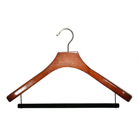 Deluxe Wooden Coat Hanger w/ Velvet Bar, Walnut Finish w/ Chrome Swivel Hook, Box of 24 Large Wood Jacket & Suit Top Hangers 18 inches long by 2 inches wide by International