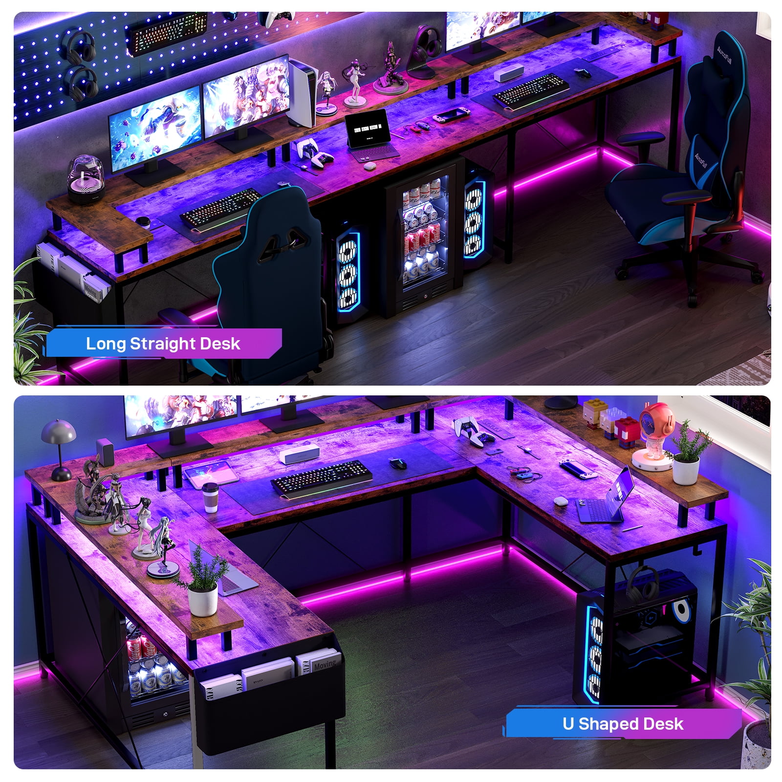U Shaped Computer Gaming Desk, Reversible L Shaped Desk withOutlets,Strip  Large Corner Desk with Storage Shelves forOffice