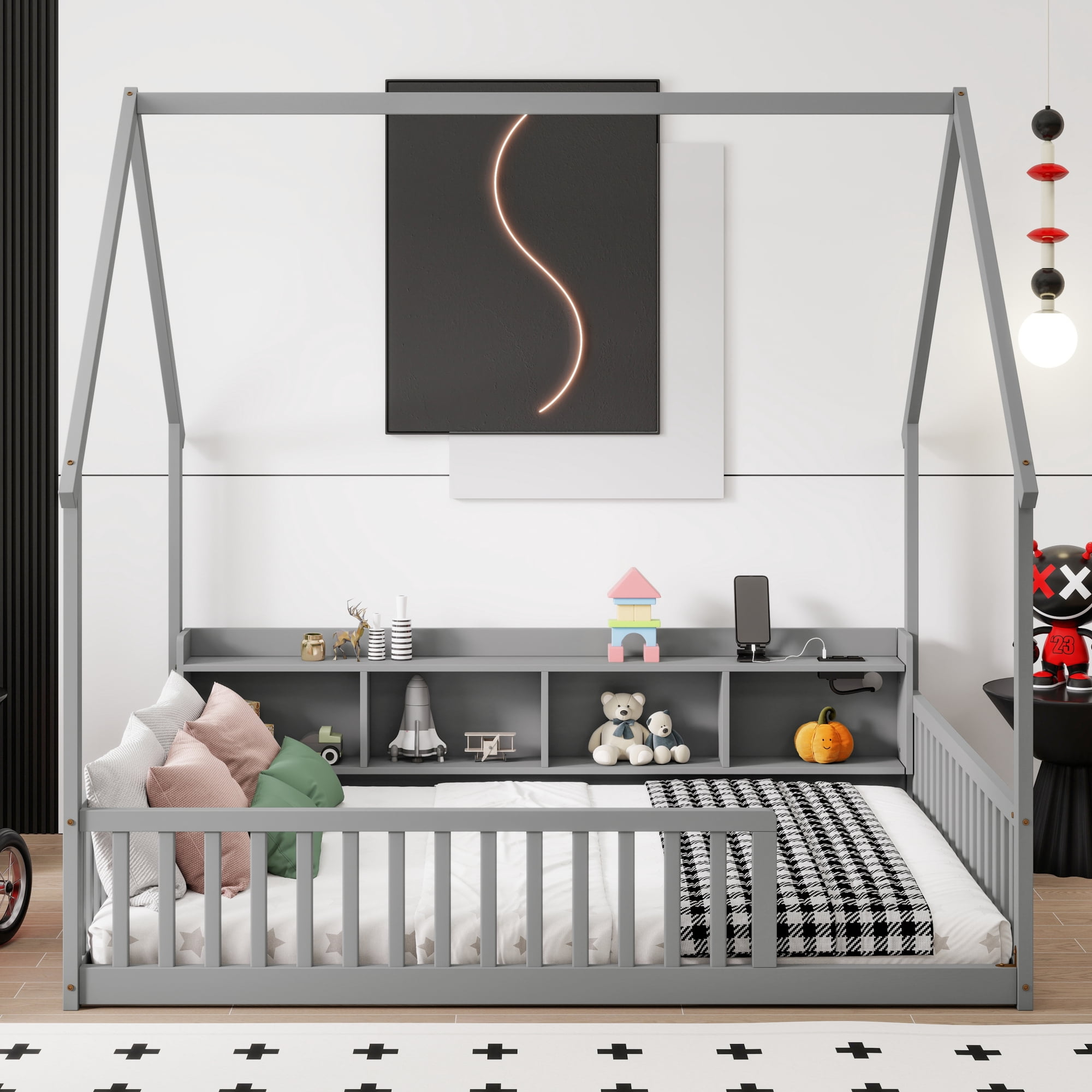 Leumius Full Size House Floor Bed with Storage Shelves,Built-in LED Lights & Charging Station,Pine Wood Floor Bed Frame with Safety Guardrails for Kids Bedroom Grey
