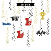 Maicaiffe Race CarTRDN 1st Birthday Hanging Swirl Decorations - Glitter Flags Fast One Sign Party Supplies - One Year Old Birthday Streamers - Racing Party Foil Swirls Ceiling Decorations