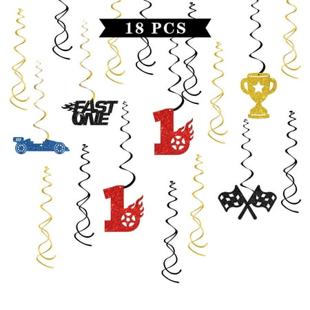Maicaiffe Race CarTRDN 1st Birthday Hanging Swirl Decorations - Glitter Flags Fast One Sign Party Supplies - One Year Old Birthday Streamers - Racing Party Foil Swirls Ceiling Decorations