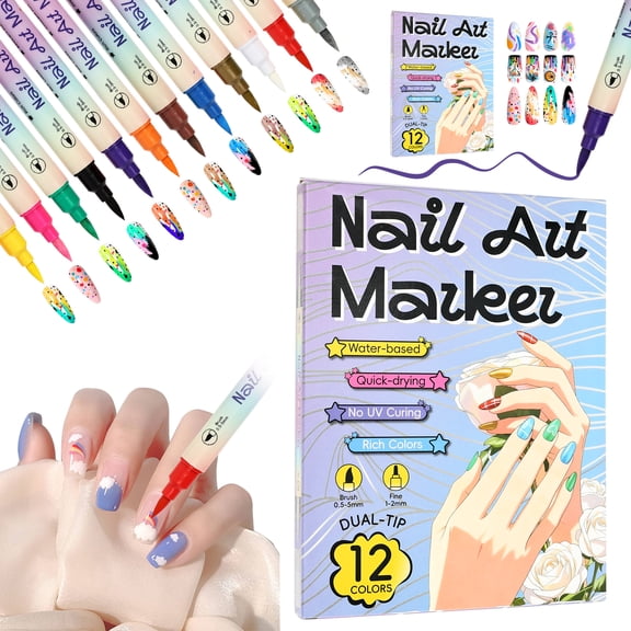 12 Color Nail Art Pens, 3D Nail Polish Pens Set Double Ended Quick-Drying Acrylic Paint Markers Dotting Liner Drawing Pen Manicure Tools Set for Nail Design, DIY Home Salon Manicure Tools