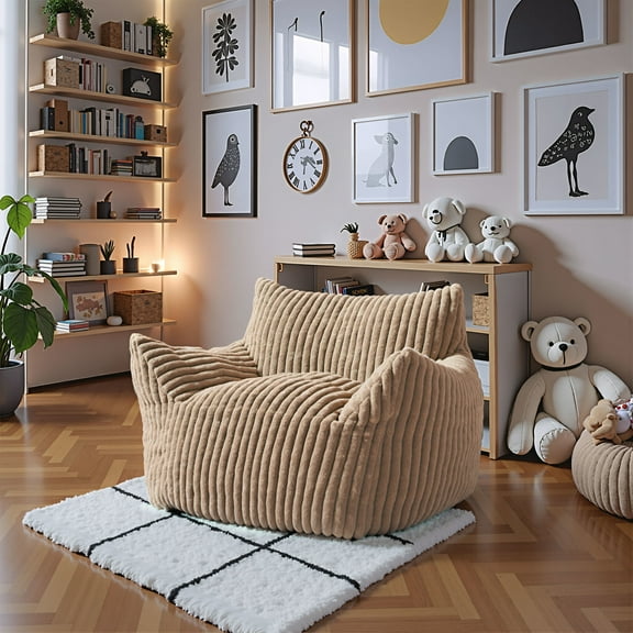 Calin Armchair Beige Accent Chair, Modern Style, Velveteen strips corduroy fabric, Crumbled Foam, Indoor Living