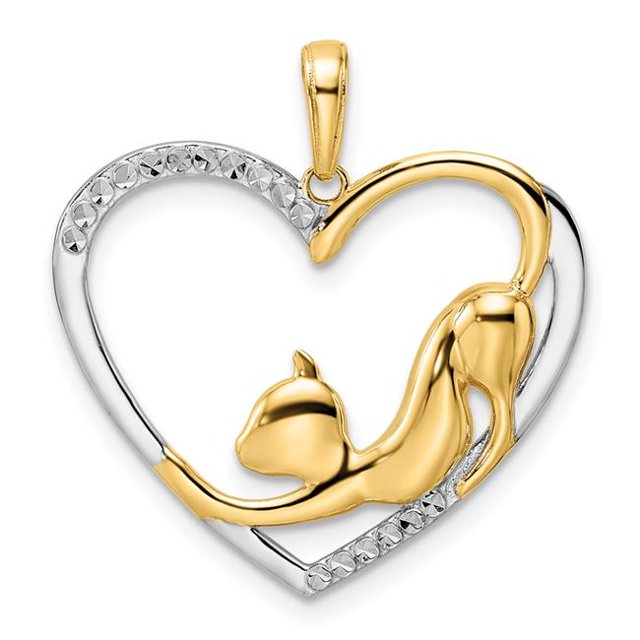 Quality Gold M3001 14K Yellow & Rhodium White Diamond-Cut Cat Stretching in Heart Pendant