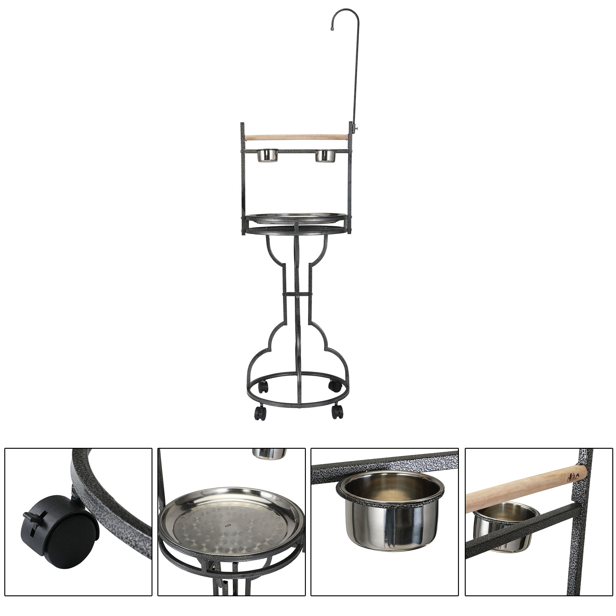 Black COZIWOW 72 Large Parrot Wood Perch Playstand Bird Play Stand with Stainless Steel Tray Bowls Toy Hook Rolling Wheel
