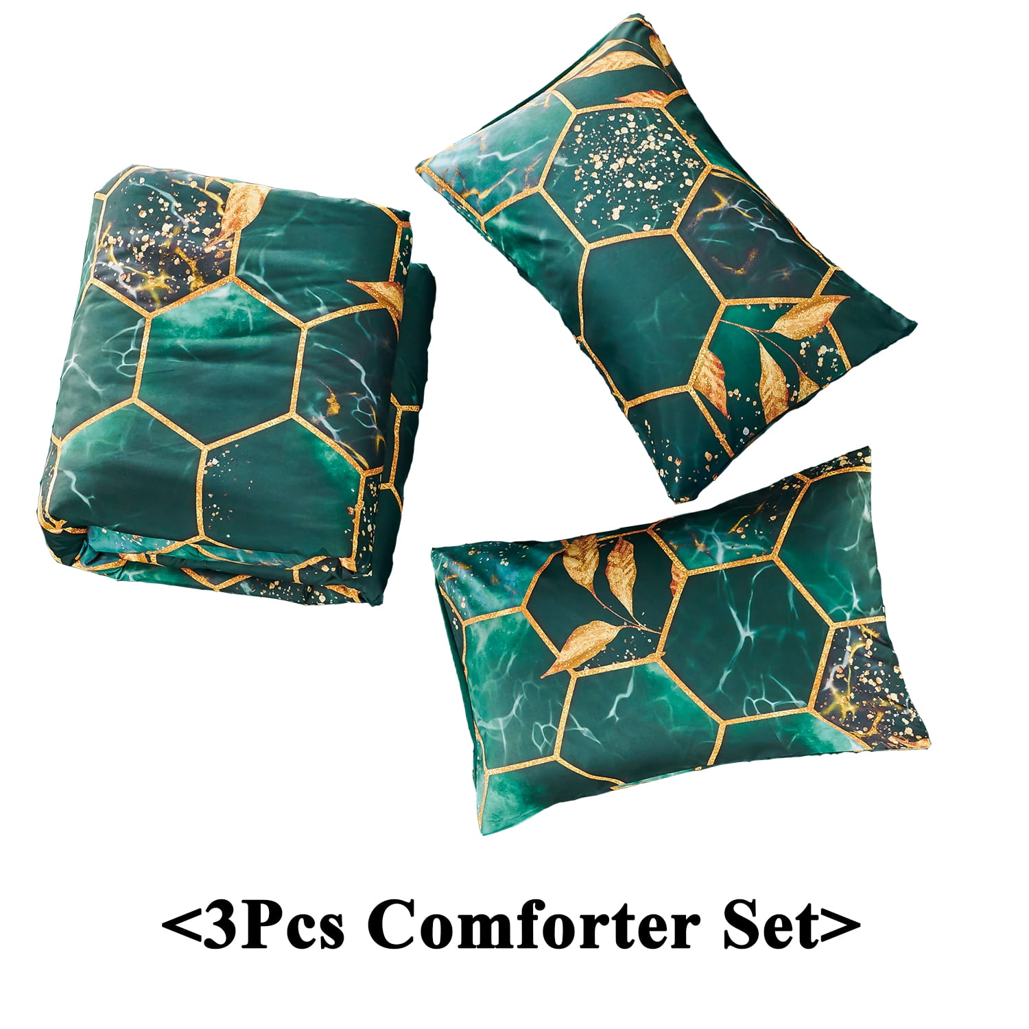 RYNGHIPY Green Gold Geometric 3-Piece Green Honeycomb Microfiber Comforter Set Full Size