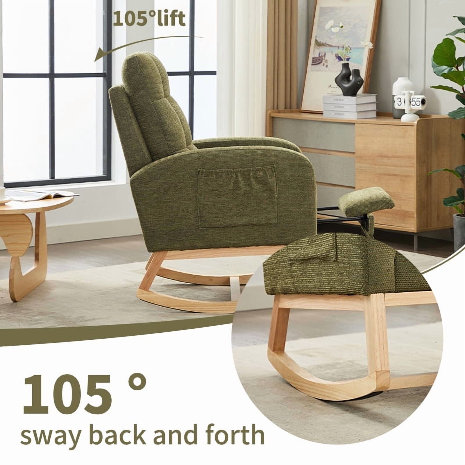New Rocking Chair with Footrest for Nursery, Modern PU Upholstered Glider Accent Armchair with High Backrest, Padded Seat, and Side Pocket – Ideal for Living Room, Bedroom