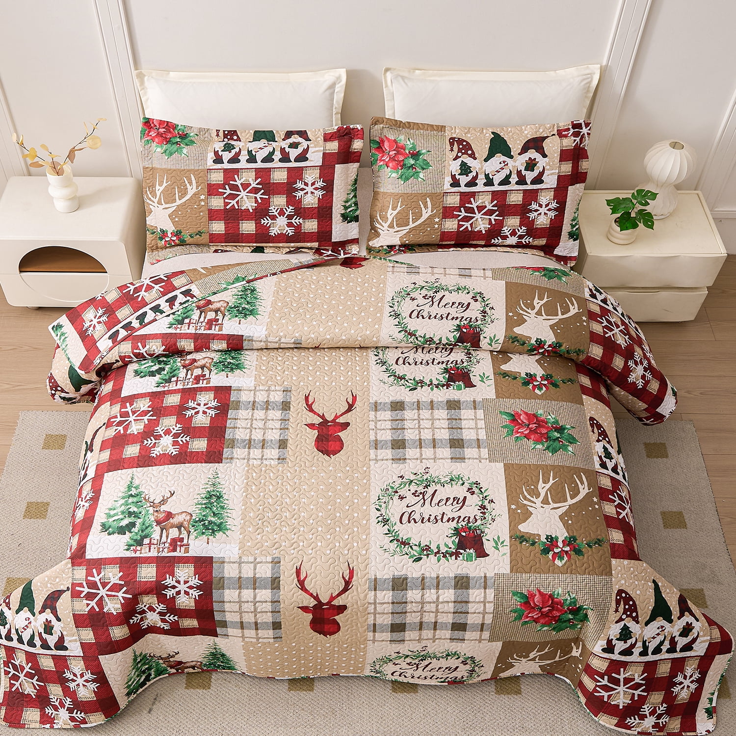 Smuge Christmas Quilt Sets Twin Size Deer Bedding Sets Snowflake Wreath Xmas Bedspread Lightweight Coverlet with 2 Pillow Shams, Red Beige Green