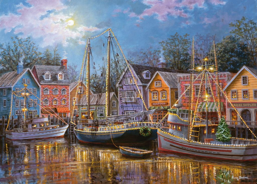 New sealed RAVENSBURGER 500 LARGE Piece Puzzle Ships Aglow BOATS Water 27x20 
