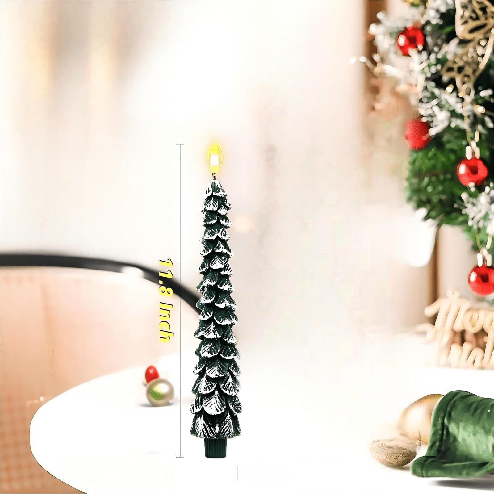 Christmas Tree Flameless Candles, Christmas Tree Candles, Christmas Taper Candles with 3D Flame, Christmas Flameless Candles for Christmas Home Decoration(10 In, 2Pcs)