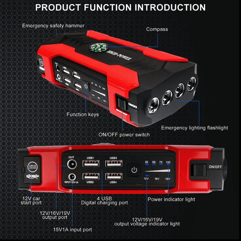 Portable Car Jump Starter - 99800mAh Power Bank, 12V Booster Pack With USB Charger & LED Light