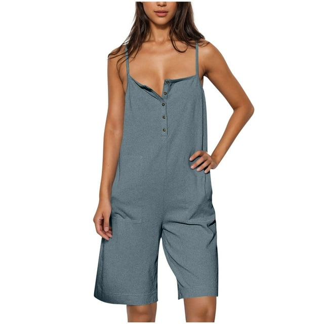 Hinvhai Womens Summer Sleeveless Rompers Clearance Spaghetti Strap Button Down Short Overalls Jumpsuit with Pockets Light Blue XL(XL)