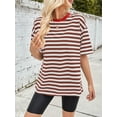 thumbnail image 4 of Womens Oversized Striped T Shirts Loose Fit Crewneck Short Sleeve Tops Summer Casual Blouse Y2K 2025 Coffee Color M, 4 of 7