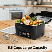 Cordless Electric Lunch Box for Adults, 5.5 Cups Self Heating Lunch Box Battery Powered, with Automatic Scheduled Heating, Removable Tray Divider, for Work Car Outdoor Use, Black
