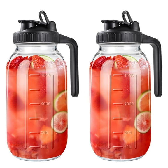 Behome  2 packs Glass Pitcher with Lid, 64 oz Mason Jar Pitcher with Wide Mouth, Heavy Duty Glass Container for Cold Brew Coffee, Iced Tea, Lemonade