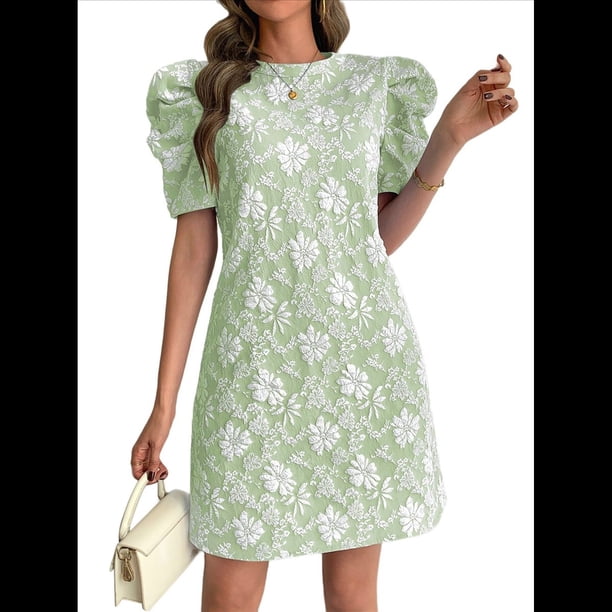 Vestido Corto Bohemio de Verano con Mangas Abullonadas y Estampado Floral para Mujer, Cintura Alta Verde XXL