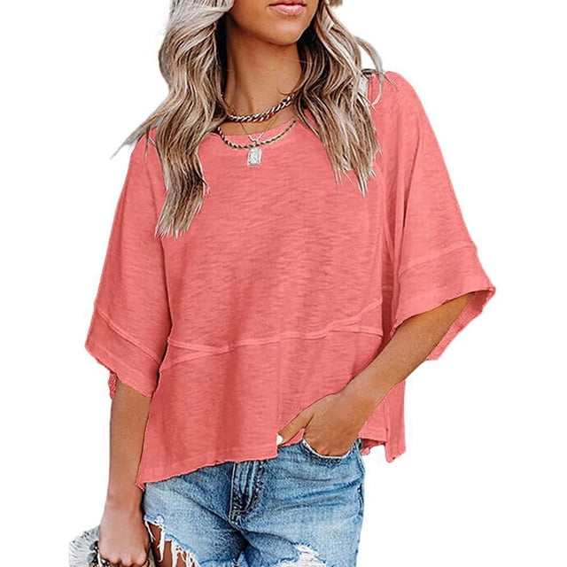 Camiseta holgada de verano para mujer, blusa de verano para mujer con cuello redondo y media manga, blusa con mangas acampanadas probada profesionalmente