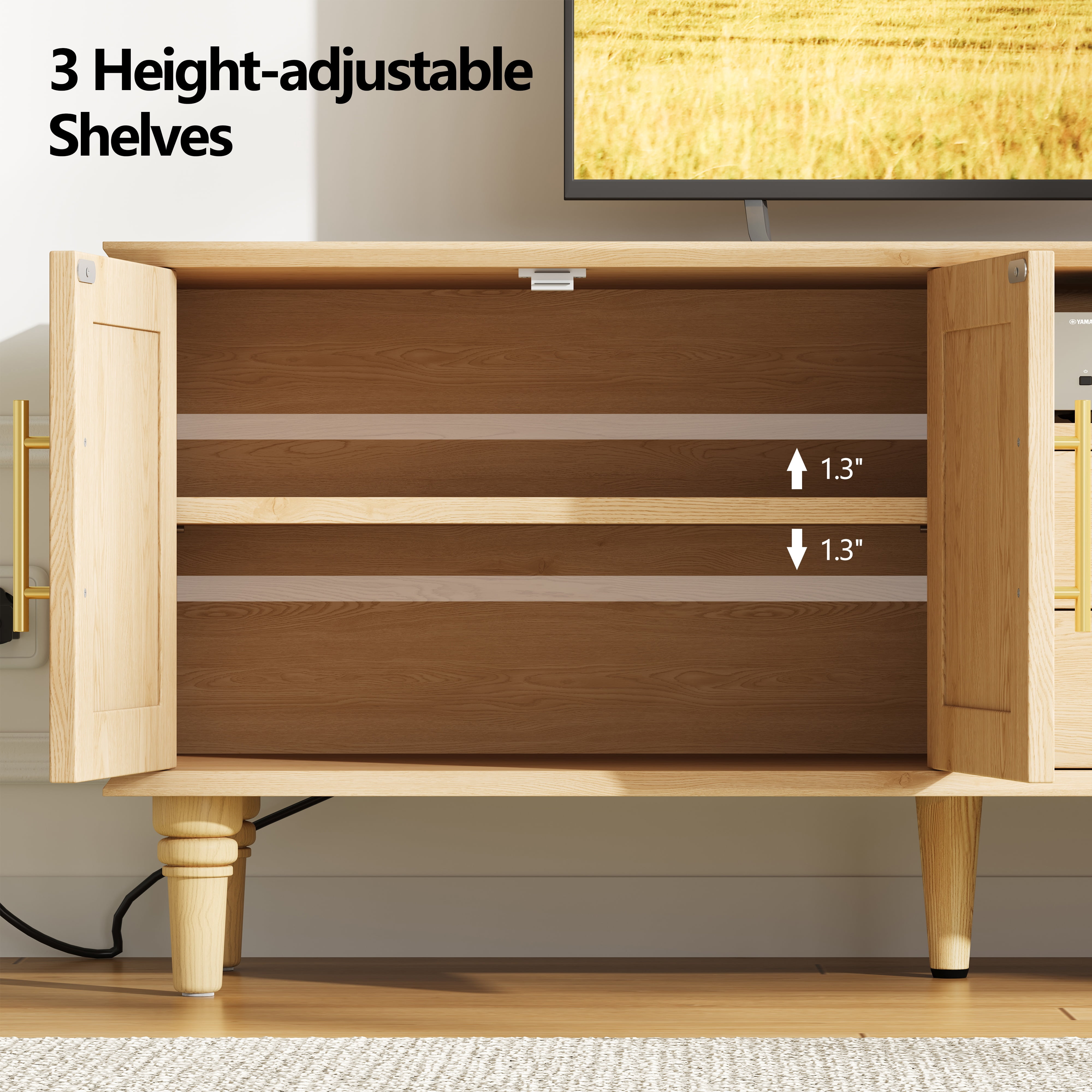 Rattan TV Stand for 75 inch TV, 63"W Entertainment Center with Power Outlet & Storage Cabinet, 2 Drawers & Doors, Adjustable Shelf, Modern Media TV Console Table for Living Room, Bedroom, Natural Oak