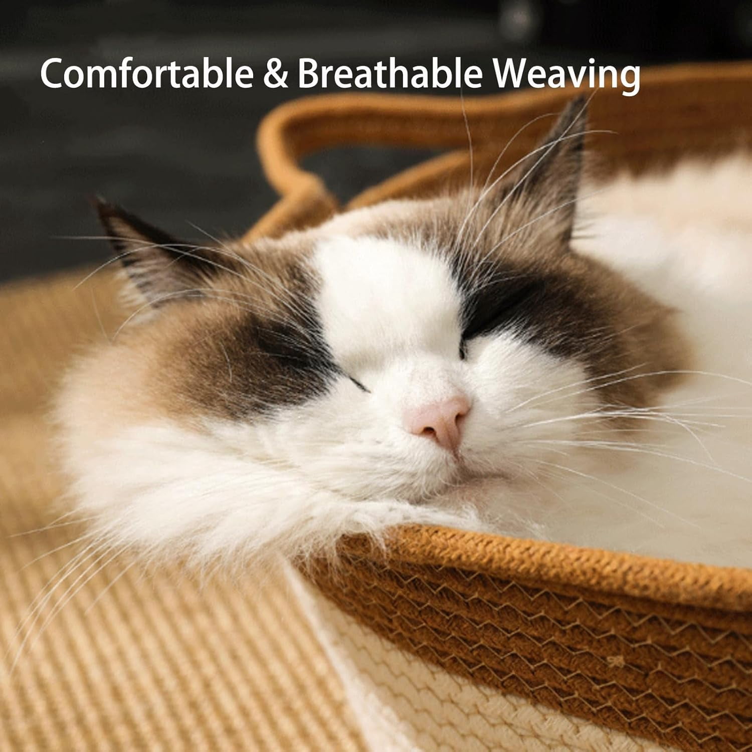Handwoven Cat Basket Bed with Handles and Toy Ball, Cotton Rope Foldable Sleeping Basket for Indoor Cats, Scratchable Interactive Pet Nest for Cats All-Season, Breathable Weave (Small,Brown)