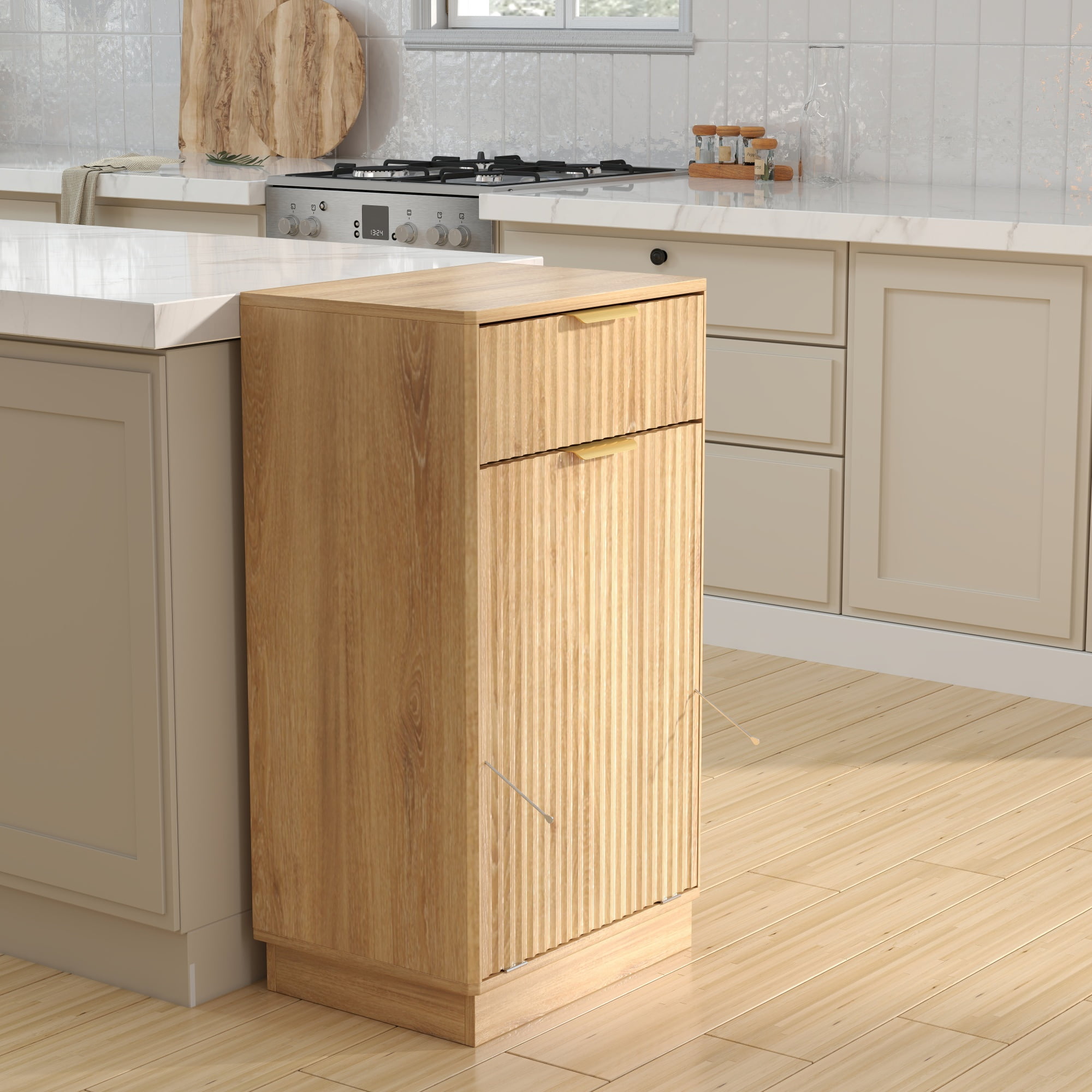 Jopath 10-Gallon Woodgrain Tilt-Out Trash Can Cabinet with Wave-Textured Drawer and Pull-Out Bin for Living room Bathroom Kitchen Oak