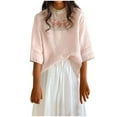 thumbnail image 2 of Fartey Floral Embroidered Tops for Women 2025 Summer Cotton Linen Shirts Loose Casual Half Sleeve Tshirts Lightweight Breathable Crew Neck Blouses Pink L, 2 of 4