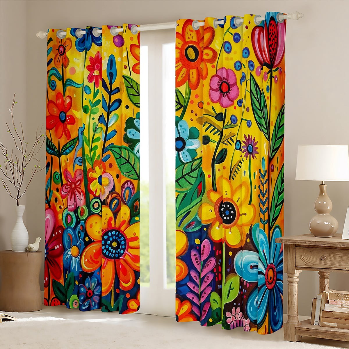Manfei Boho Groovy Flower Curtains Pack of 2 (42x84), Hippie Rustic Floral Black Out Curtains, Mandala Style Blackout Curtains for Bedroom, Window Treatments Room Decorative