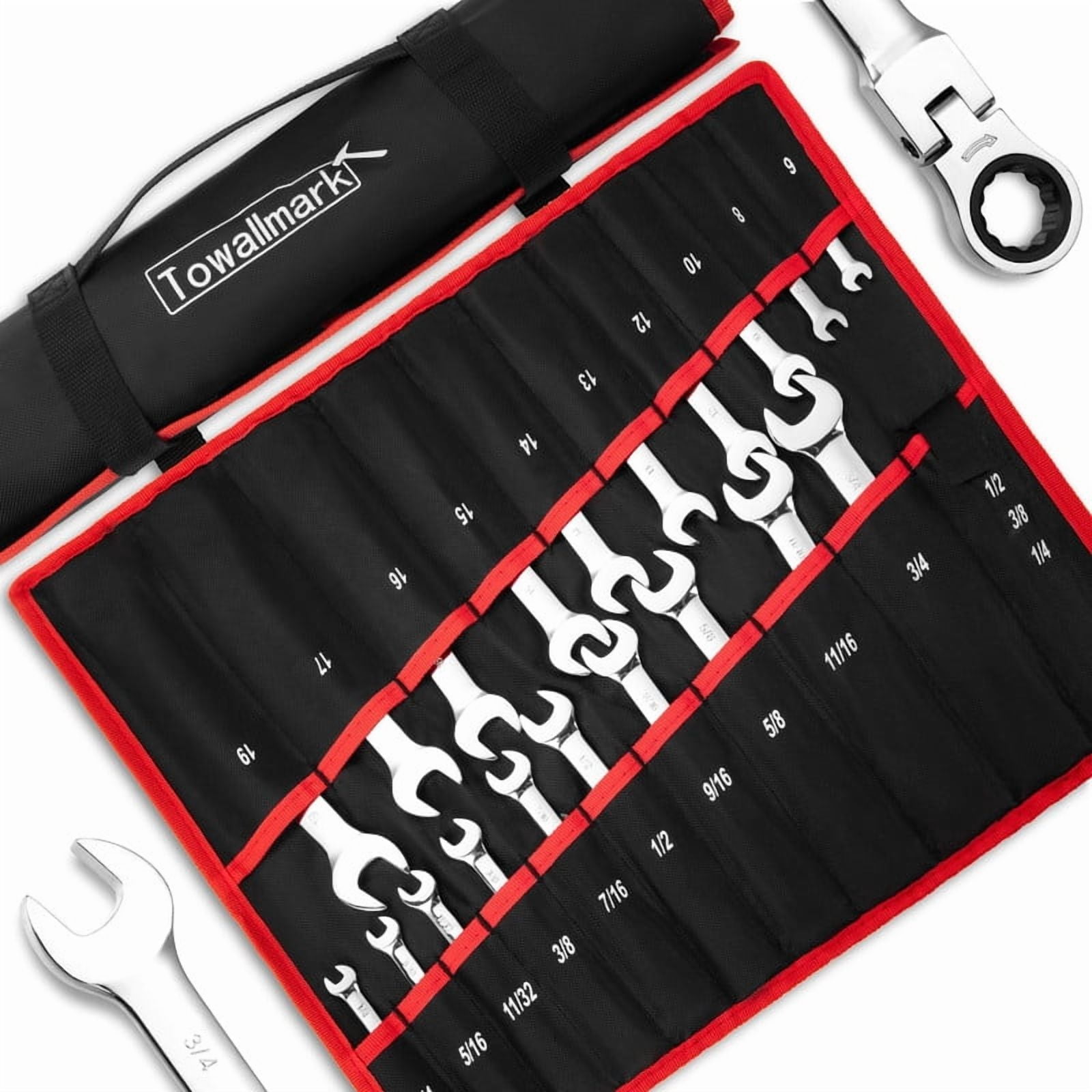 Towallmark 20 PCS Flex Head Ratcheting Wrench Set, Professional Ratchet Wrench Kit With 72 Tooth CR-V Steel, Roll Up Pouch, SAE Metric Wrenches For Automotive Mechanical Repair