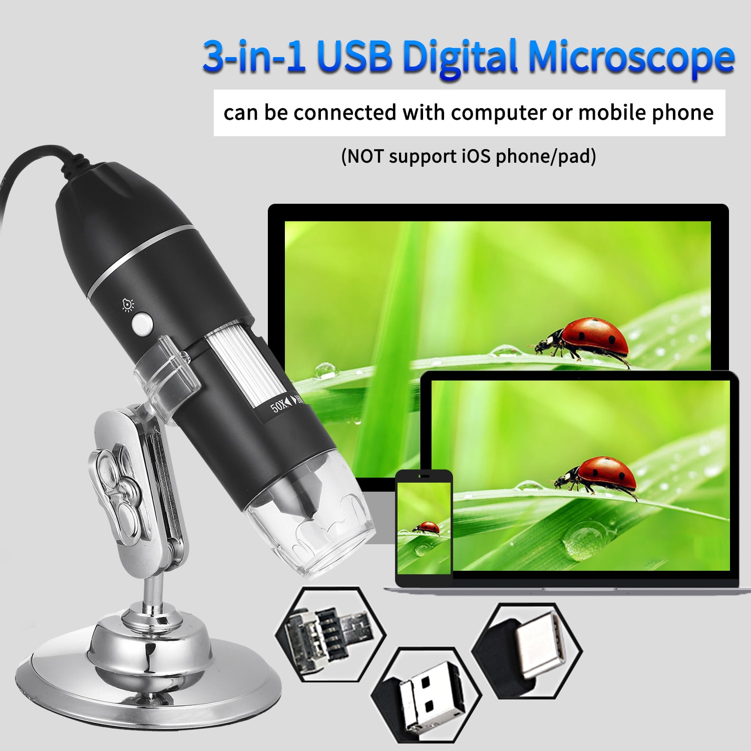 Y-LKUN 1000X 8 LEDs USB Digital Continuous Zoom Microscope Magnifier with Adjustable Aluminium Alloy Stand