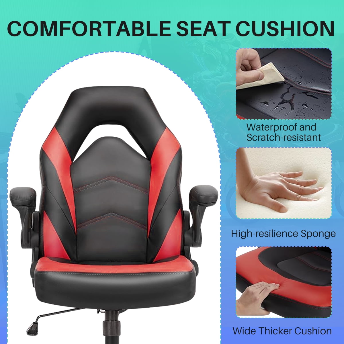 Simenmax Gaming Chair, Ergonomic Office Leather Racing Chair with Flip-up Armrest, Black Red