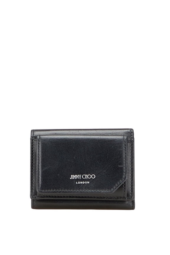 Pre-Owned Jimmy Choo HAWLEY tri-fold wallet in black leather for women. (Good)