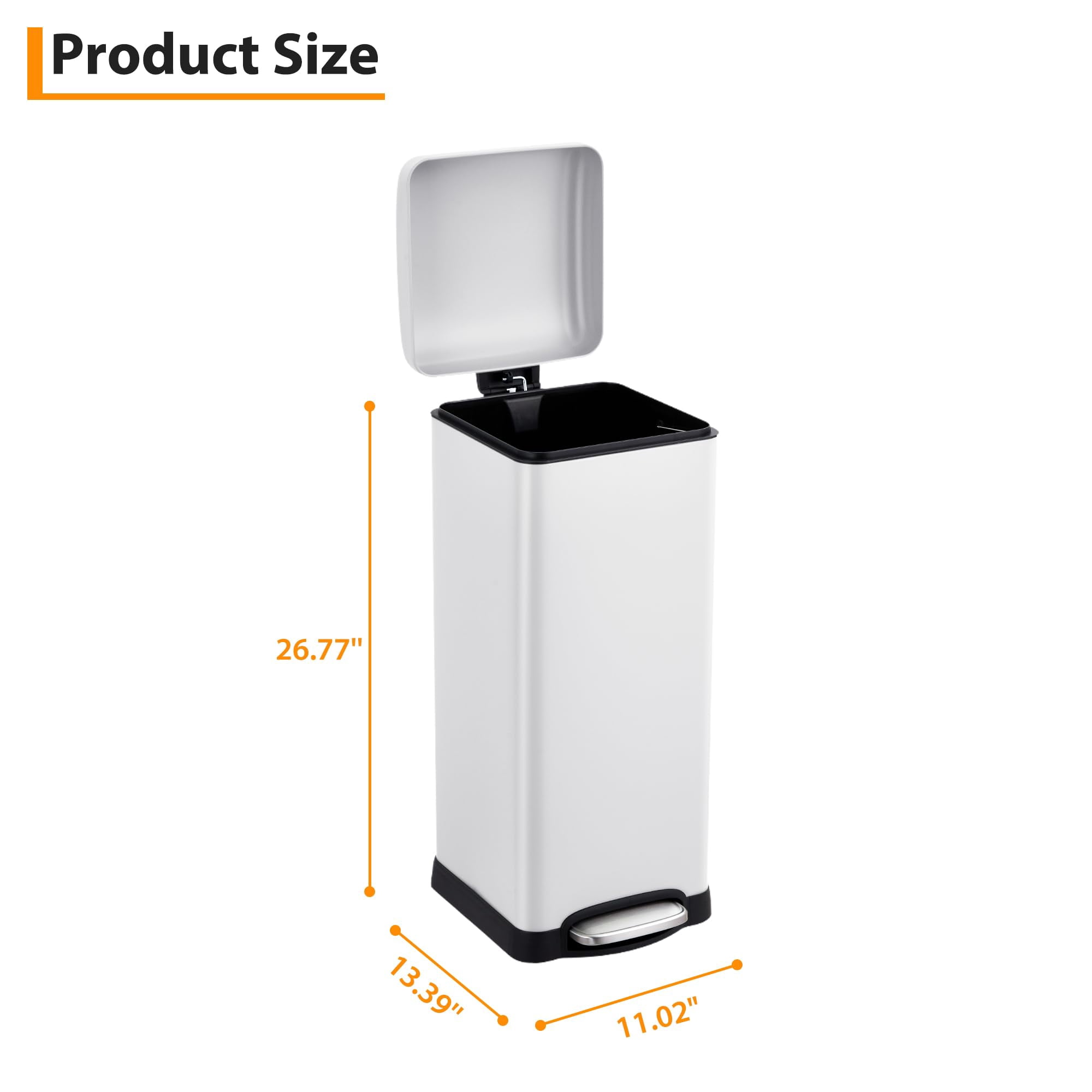 TROPOW 8 Gallon Bathroom Step Trash Can, 30-Liter Square Stainless Steel Foot Pedal Garbage Can with Soft-Close Lid for Kitchen, with Removable Inner Bucket,White