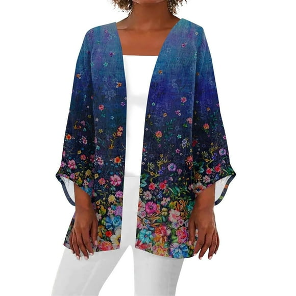 Alitao Womens Cardigan Long Sleeve Shirts Women 2025 Retro Print 3/4 Sleeve Cardigans Lightweight Blouse Tops Coat Casual Duster Jackets Lightweight Cardigans Womens Blouses Pink M